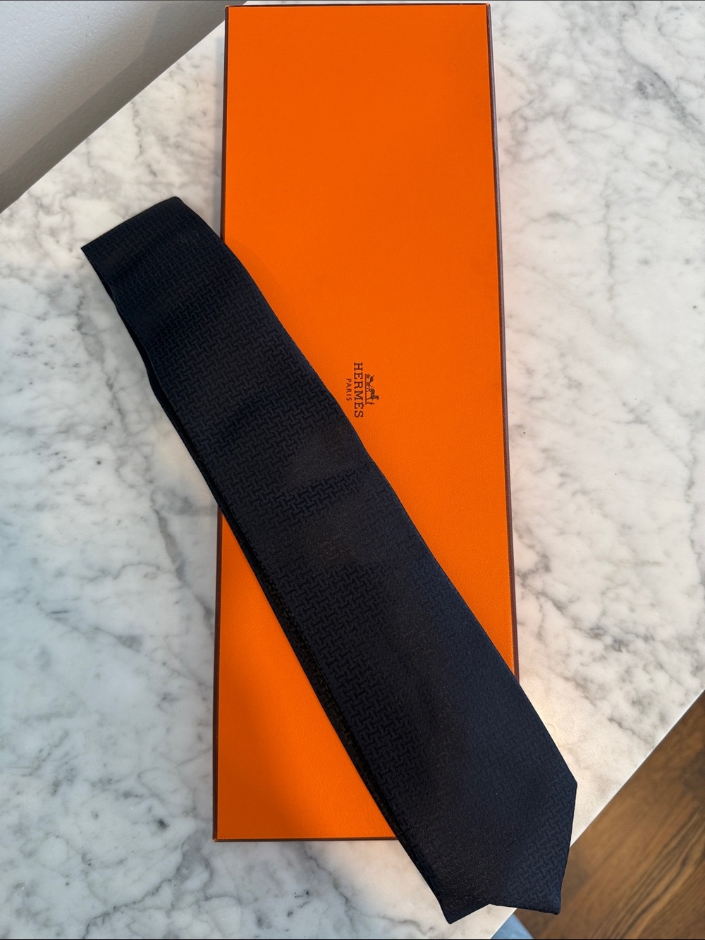 Hermes Black Silk Tie with Subtle Texture